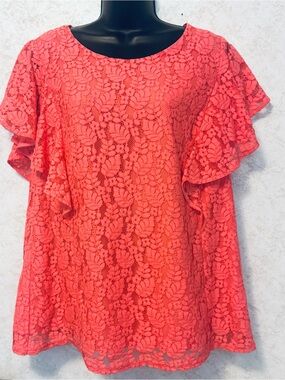 Merona Women's XXL Runs Small Lace Blouse Flutter Short Sleeve Round Neck Coral